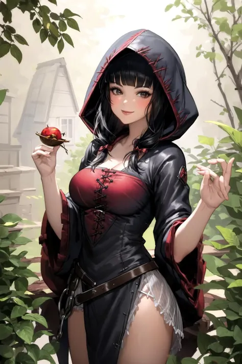 (spellboundshacks:1.3), 1girl, (cowboy shot), large breast, black hair, white shirt, looking at viewer, smile, blunt bangs, red hood, hood up, little red riding hood \(grimm\), standing, forest, outdoors, <lora:Spellboundshacks:0.7>, <lora:Leirix2-10:0.6>