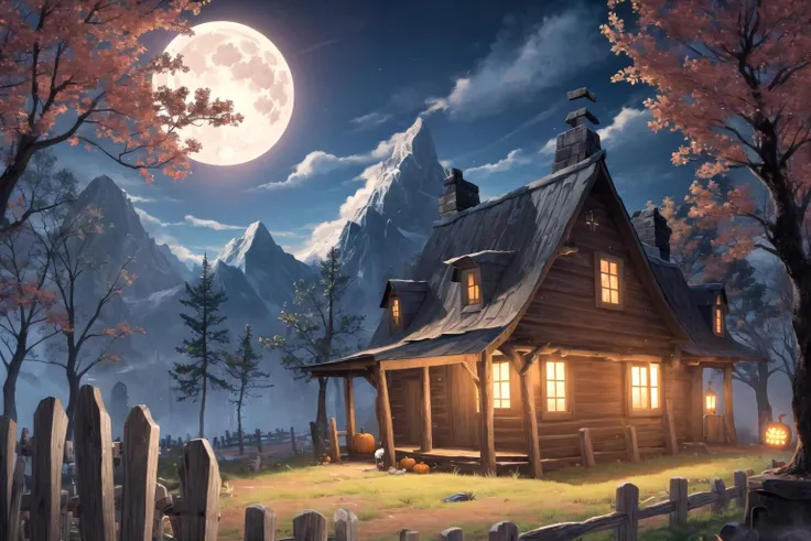 (spellboundshacks:1.2), cauldron, pumpkin, tombstone, graveyard, fence, mountain, bare tree, night, full moon, <lora:Spellboundshacks:0.6>