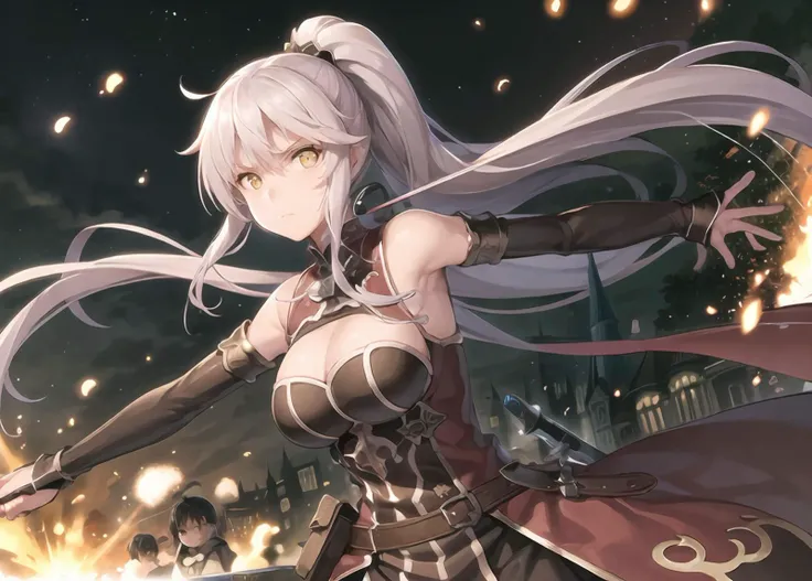 (masterpiece, best quality,extreme detailed beautiful eyes), best illumination, perfect lighting,look at viewer, (1 girl, solo,cathedral, full body,dynamic angle),(fighting stance:1.5), (angry,shiny_eyes,face,bangs, ponytail,long_hair, large_breasts),<lora:ariane_lycoris_bf16:0.5>,arianeglenysmaple,bridal_gauntlets, elbow_gloves, fingerless_gloves,holding_sword,flaming_sword, flaming_weapon, weapon, sword,