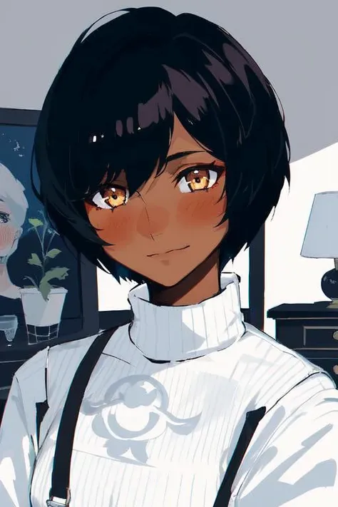 1girl, dark skin, dark-skinned female, very short hair, undercut hair, black hair, flat color, portrait, blushing, indoors, sweater