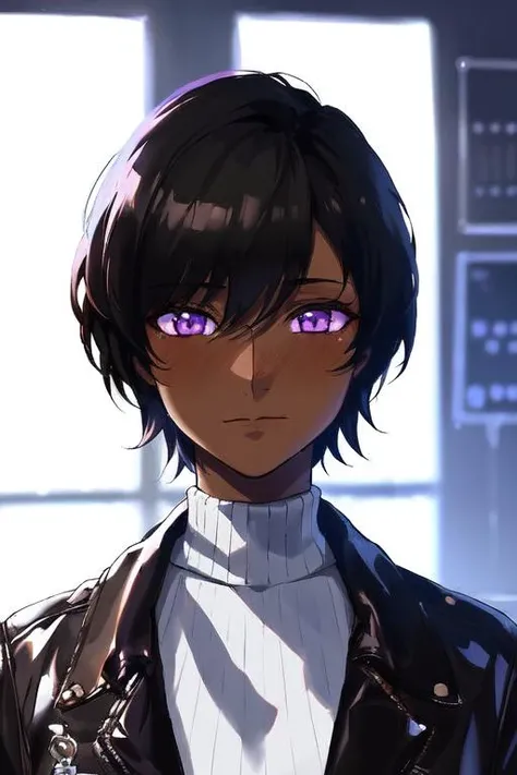 1girl, dark skin, dark-skinned female, very short hair, black hair, realistic, portrait, blushing, indoors, sweater, close-up, purple eyes, glowing luminous eyes, brown jacket