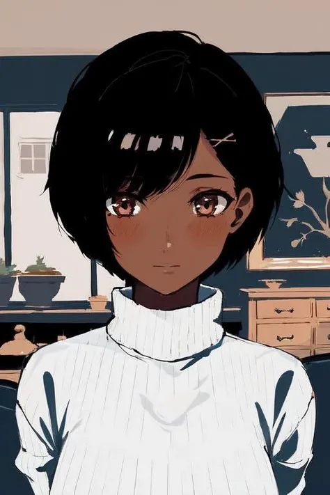 1girl, dark skin, dark-skinned female, very short hair, undercut hair, black hair, flat color, portrait, blushing, indoors, sweater