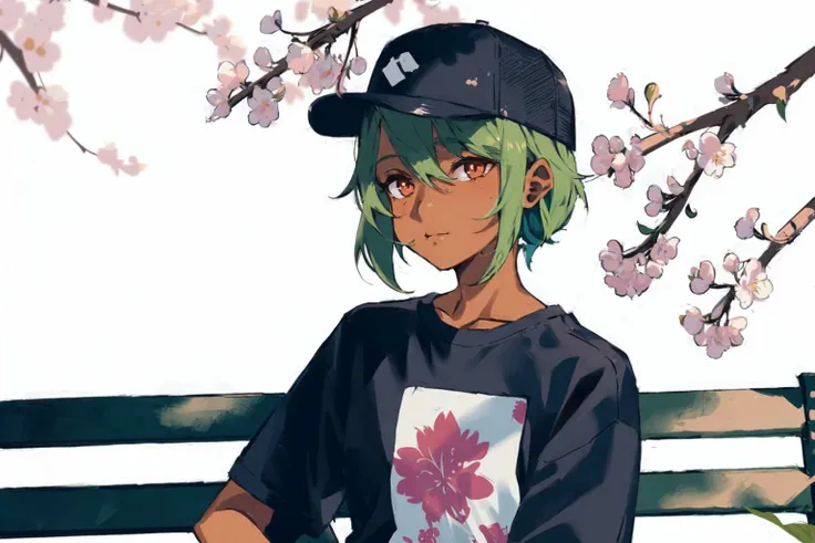 1girl, solo, dark skin, dark-skinned female, upper body, baseball cap, t-shirt, tomboy, sitting, bench, cherry blossom