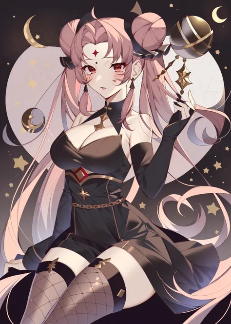 by teffish, pseudo-impasto, 1girl, chibi usa, solo, jewelry, pink hair, long hair, facial mark, hair bun, moon, crescent, cone hair bun, crescent facial mark, forehead mark, breasts, earrings, cleavage, thighhighs, red eyes, dress, fishnets, double bun, twintails, sitting, parted bangs, crystal earrings, looking at viewer, bangs, very long hair, black dress, sky, fishnet thighhighs, aged up, long sleeves