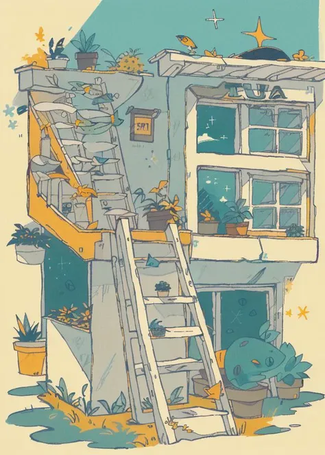 by tsvbvra, flat color, window, plant, ladder, stairs, limited palette, fish, potted plant, 1girl