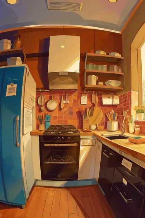 best quality, masterpiece, comic flat illustration, art by Parnwell, E. C, highres, creative, celluloid, hyper detailed, kitchen