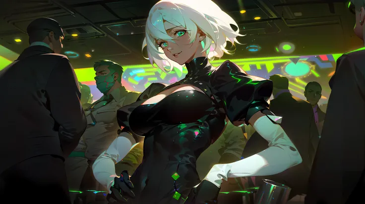 （In 8K, best quality, muste piece:1.2), ultra high resolution,1 female 16 years old、ultra-detailed face,detailed eyes,open mouth,laughing, dark skin, a lady with silver cat ears, full body, silver wave short hair, grab a microphone, green eyes, gray camisole, gray tight leather skirt, ((orange corset)), no background,