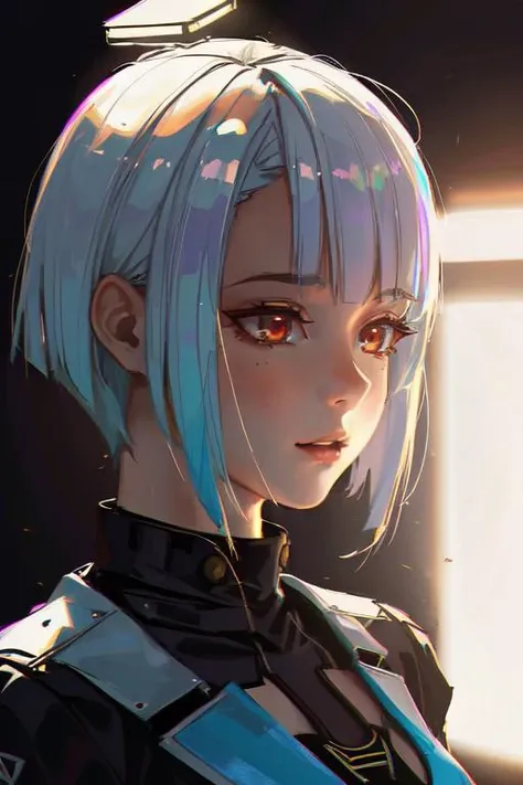best quality, masterpiece, original, highres, illustration, best lighting and shadow, aesthetic wallpaper, amazing, beautiful, 1girl, solo, lucy \(cyberpunk edgerunners\), extremely detailed and beautiful face, white hair, bob cut, parted lips, sidelocks, gradient hair, outdoors, photorealistic