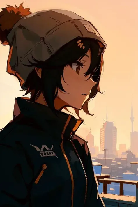 best quality, masterpiece, original, highres, illustration, (((front light))), day time, sunny aesthetic wallpaper, amazing, beautiful, 1girl, solo, honey skin, short hair, black hair, winter, beanie, outside, blizzard, upper body, cybercity background, cyberpunk
