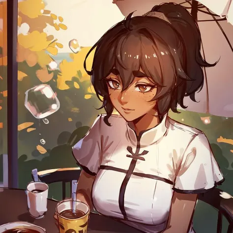 best quality, masterpiece, original, highres, illustration, best lighting and shadow, aesthetic wallpaper, amazing, beautiful, taliyah, 1girl, solo, dark skin, dark-skinned female, short hair, brown hair, thick eyebrows, brown eyes, freckles, extremely detailed and beautiful face, white hair, happy, tshirt, sidelocks, outdoors, photorealistic, upper body, parasol, bubble tea, date, sunny weather, table, sitting, front view, pov, 
<lora:tali-20:0.4>