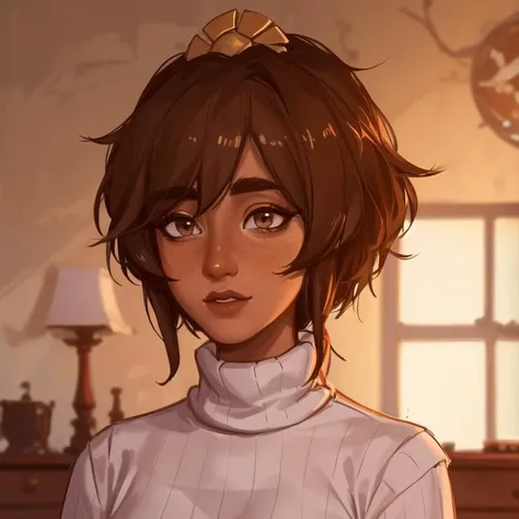 best quality, masterpiece, original, highres, illustration, best lighting and shadow, aesthetic wallpaper, amazing, beautiful, taliyah, 1girl, solo, dark skin, dark-skinned female, short hair, brown hair, thick eyebrows, brown eyes, freckles, extremely detailed and beautiful face, white hair, happy, turtleneck sweater, sidelocks, indoors, photorealistic, (upper body)
<lora:tali-20:0.5>