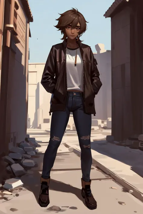 best quality, masterpiece, original, highres, illustration, best lighting and shadow, aesthetic wallpaper, amazing, beautiful, taliyah, 1girl, solo, dark skin, dark-skinned female, short hair, brown hair, thick eyebrows, brown eyes, freckles, extremely detailed and beautiful face, white hair, happy, tshirt, sidelocks, outdoors, photorealistic, standing, full body, jeans, hands in pockets, posing,
<lora:tali-20:0.3>