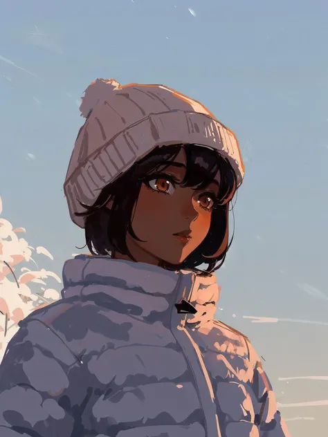 best quality, masterpiece, original, highres, illustration, best lighting and shadow, aesthetic wallpaper, amazing, beautiful, 1girl, solo, dark skin, dark-skinned female, short hair, black hair, winter, beanie, outside, blizzard, upper body,