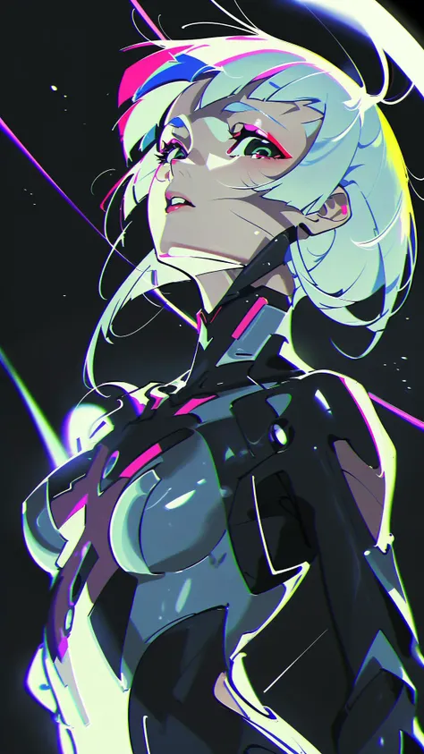 (masterpiece, best quality:1.3), 8k, official art, raw photo, absurdres, cyber, girl, (white hair, shiny white body suit, lines on body, slender:1.4), sleeveless, arch back, spread legs, cowboy shot, sitting, thighs, ((glow:1.8)), (thick pink liquid dripping from body:1.5), pink bracelet, sharp focus, highres, ultra detailed, finely detail, extremely detailed, detailed eyes and face, sharp pupils, realistic pupils, simple background, black background, yellow eyes