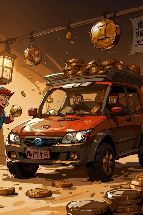 concept art, a ((car)) ((hood opened)), inside a bunch of gold coins and a happy ninja boy, throwing gold coins, old town background Cliff Childs, league of legends concept art, a storybook illustration,
