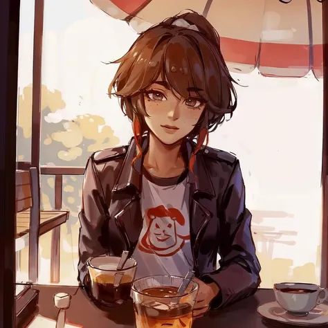 best quality, masterpiece, original, highres, illustration, best lighting and shadow, aesthetic wallpaper, amazing, beautiful, taliyah, 1girl, solo, dark skin, dark-skinned female, short hair, brown hair, thick eyebrows, brown eyes, freckles, extremely detailed and beautiful face, white hair, happy, tshirt, sidelocks, outdoors, photorealistic, upper body, parasol, bubble tea, date, sunny weather, table, sitting, front view, pov,
<lora:tali-20:0.4>