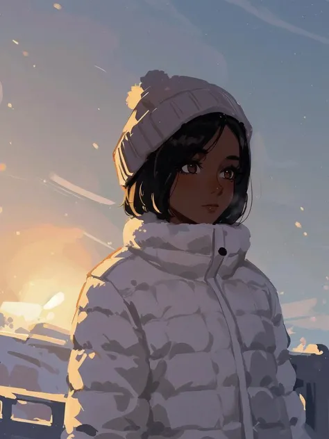 best quality, masterpiece, original, highres, illustration, best lighting and shadow, aesthetic wallpaper, amazing, beautiful, 1girl, solo, dark skin, dark-skinned female, short hair, black hair, winter, beanie, outside, blizzard, upper body,