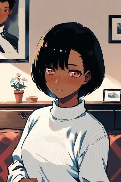 1girl, dark skin, dark-skinned female, very short hair, undercut hair, black hair, flat color, portrait, blushing, indoors, sweater