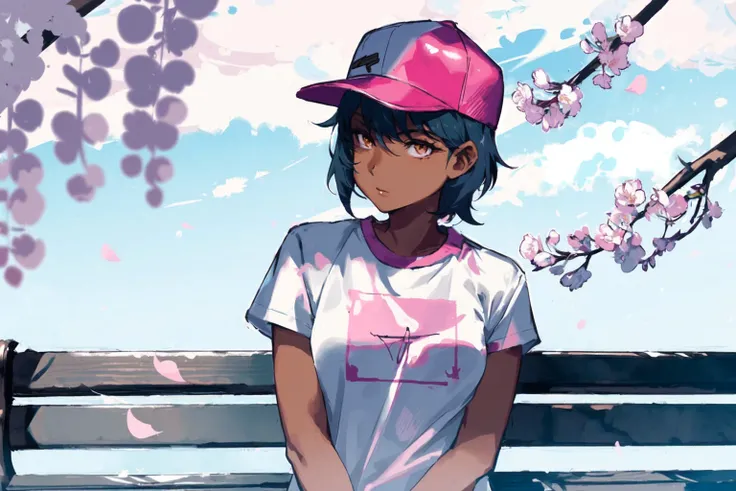1girl, solo, dark skin, dark-skinned female, upper body, baseball cap, t-shirt, tomboy, sitting, bench, cherry blossom