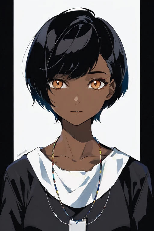 1girl, dark skin, dark-skinned female, very short hair, undercut hair, black hair, flat color, portrait, tied t-shirt