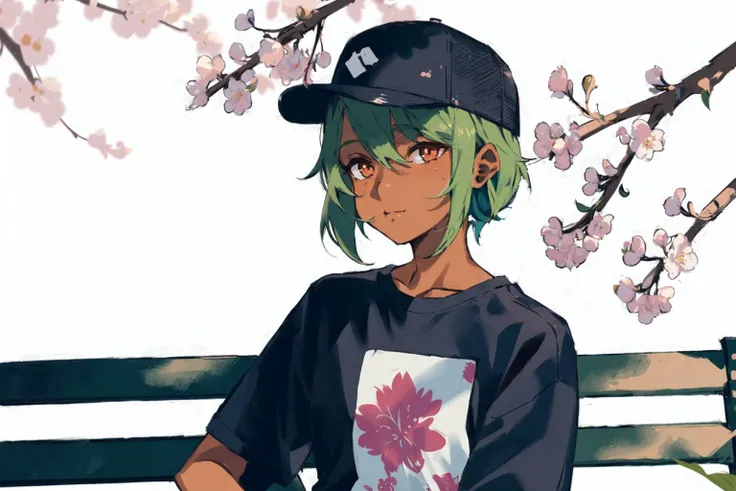 1girl, solo, dark skin, dark-skinned female, upper body, baseball cap, t-shirt, tomboy, sitting, bench, cherry blossom