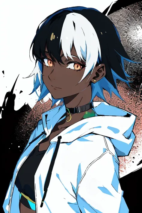 1girl, dark skin, dark-skinned female, very short hair, two-toned hair, black hair, white hair, portrait, flat color, hoodie,