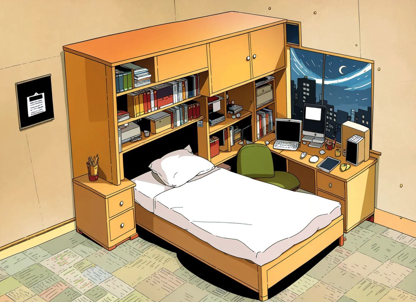 celluloid, best quality, masterpiece, comic flat illustration, art by Parnwell, E. C, no humans, digital color, highres, creative, hyper detailed,
simple english bed room