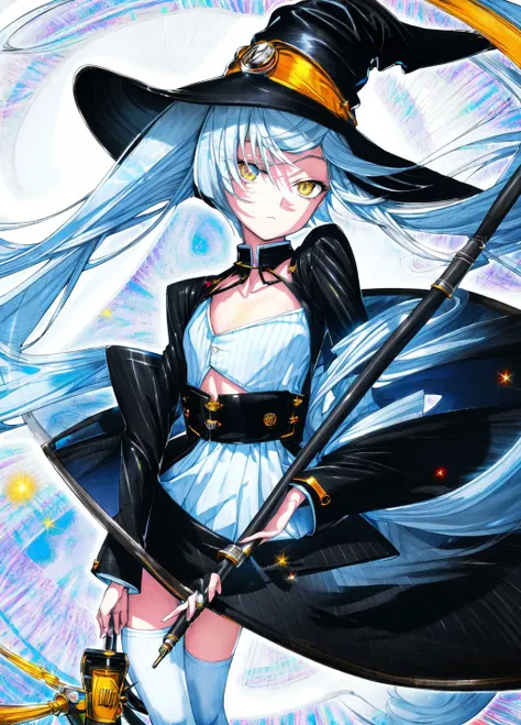 best quality, masterpiece, f highres, creative, hyper detailed,
oil painting, (((flat chest))), black shirt, 1girl, teen witch with pointed hat holding a broom and a wand in her hand, with a blue hair and white eyes, official art, a manga drawing, full body view