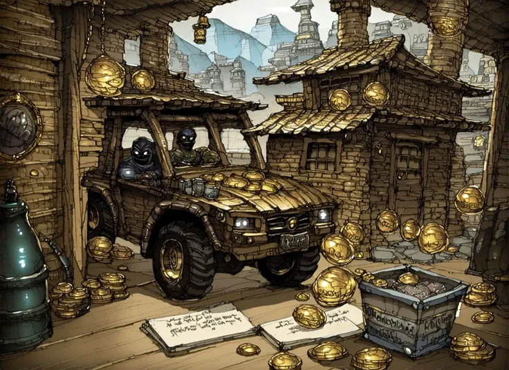 concept art, a ((car)) ((hood opened)), inside a bunch of gold coins and a happy ninja boy, throwing gold coins, old town background Cliff Childs, league of legends concept art, a storybook illustration,