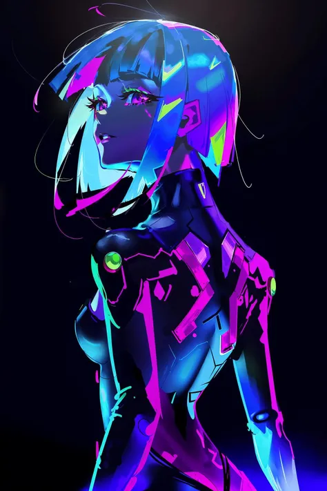 by yoneyama mai, 1girl, lucy \(cyberpunk\), solo, parted lips, short hair, looking at viewer, upper body, bangs, multicolored hair, bodysuit, cyberpunk, black background