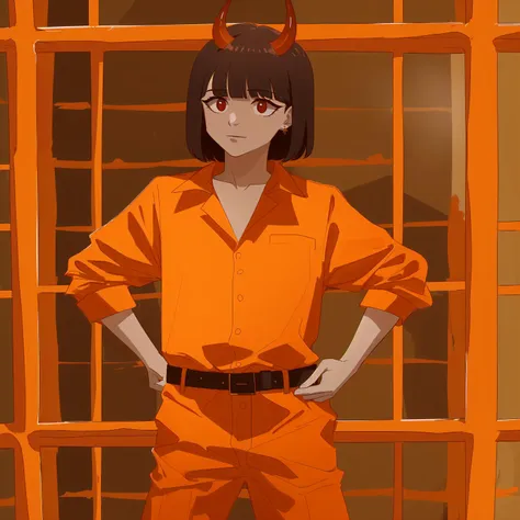 1girl, red eyes, orange jumpsuit, prison cell, looking at viewer, bangs, standing, demon horns, solo, medium hair, black skin