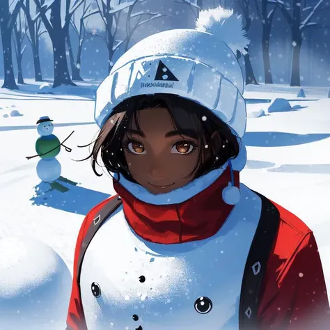1girl, solo, dark skin, dark-skinned female, short hair, black hair, winter, beanie, snow, outdoors, upper body, smile, snowman,