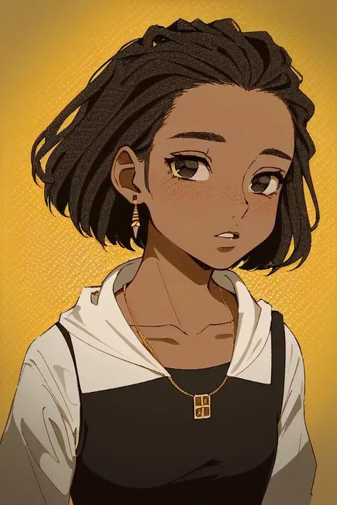 (masterpiece, best quality, 1girl:1.3), dark skin, short hair, upper body, black hair,