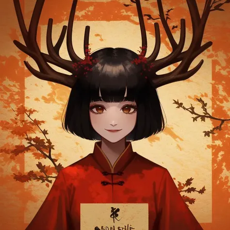 Red chinese dress, 1girl, solo, black hair, short hair, upper body, smile, mature female, deer antlers, monster girl,