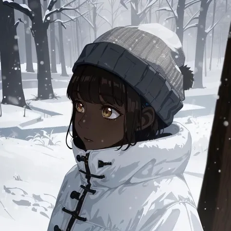 1girl, solo, dark skin, dark-skinned female, short hair, black hair, winter, beanie, snow, outdoors, upper body,