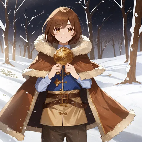 1girl, brown eyes, brown hair, blue capelet, fur trim, fur-trimmed capelet, brown pants, capelet, looking at viewer, bangs, standing, winter, snow, solo, medium hair,
