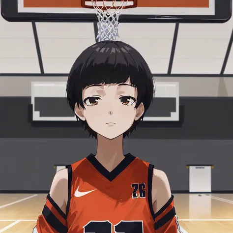 1girl, solo, short hair, black hair, basketball, basketball uniform, basketball court, portrait, expressionless, determined, masterpiece, semi-realistic,