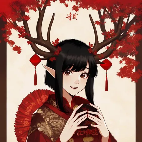 Red chinese dress, 1girl, solo, black hair, short hair, upper body, smile, mature female, deer antlers, monster girl,