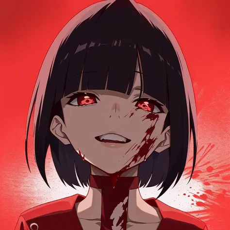 1girl, solo, short hair, black hair, semi-realistic, looking at viewer, dark skin, dark-skinned female, yandere, yandere trance, blood on face, crazy smile, portrait