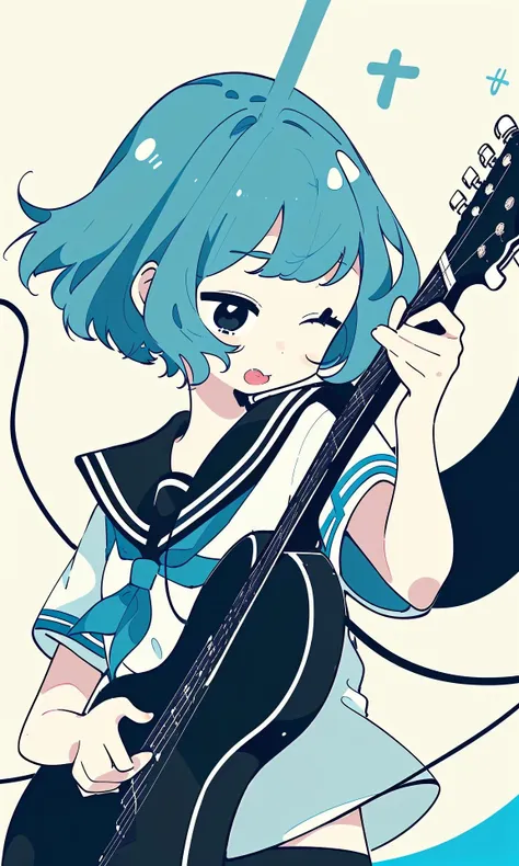 by haru, 1girl, instrument, solo, guitar, one eye closed, skirt, neckerchief, short sleeves, sailor collar, blue hair, short hair, shirt, cat, holding instrument, holding, white shirt