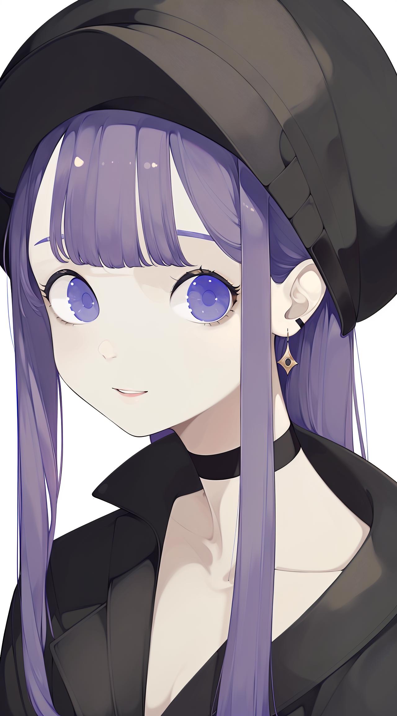 Anime girl with purple hair and black hat with blue eyes - SeaArt AI
