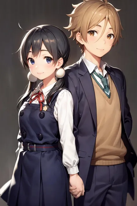 masterpiece, best quality, <lora:bxb:1>,bxb, 1girl, 1boy, school uniform,simple background, smile