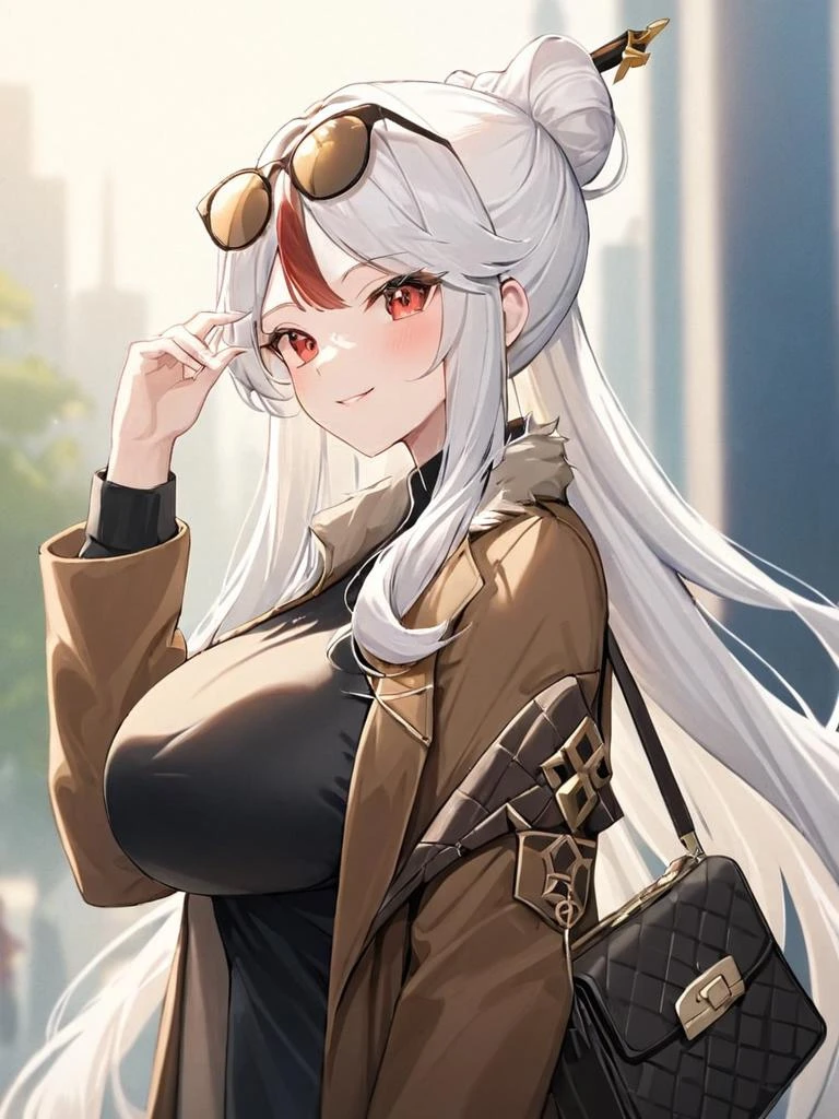 ultra-detailed,(best quality),((masterpiece)),(highres),original,extremely,<lora:ningguang2x_xl:1>,1girl,ningguang (genshin impact),eyewear on head,long hair,solo,sunglasses,looking at viewer,breasts,smile,bag,blurry background,hair bun,red eyes,blurry,white hair,open clothes,shirt,black shirt,coat,long sleeves,sidelocks,handbag,single hair bun,very long hair,bangs,closed mouth,brown coat,parted bangs,alternate costume,arm up,contemporary,large breasts,casual,from side,pants,hair ornament,blush,shoulder bag,jacket,half updo,brown jacket,depth of field,open coat,adjusting eyewear,multicolored hair,looking to the side,open jacket,cowboy shot,hair stick,