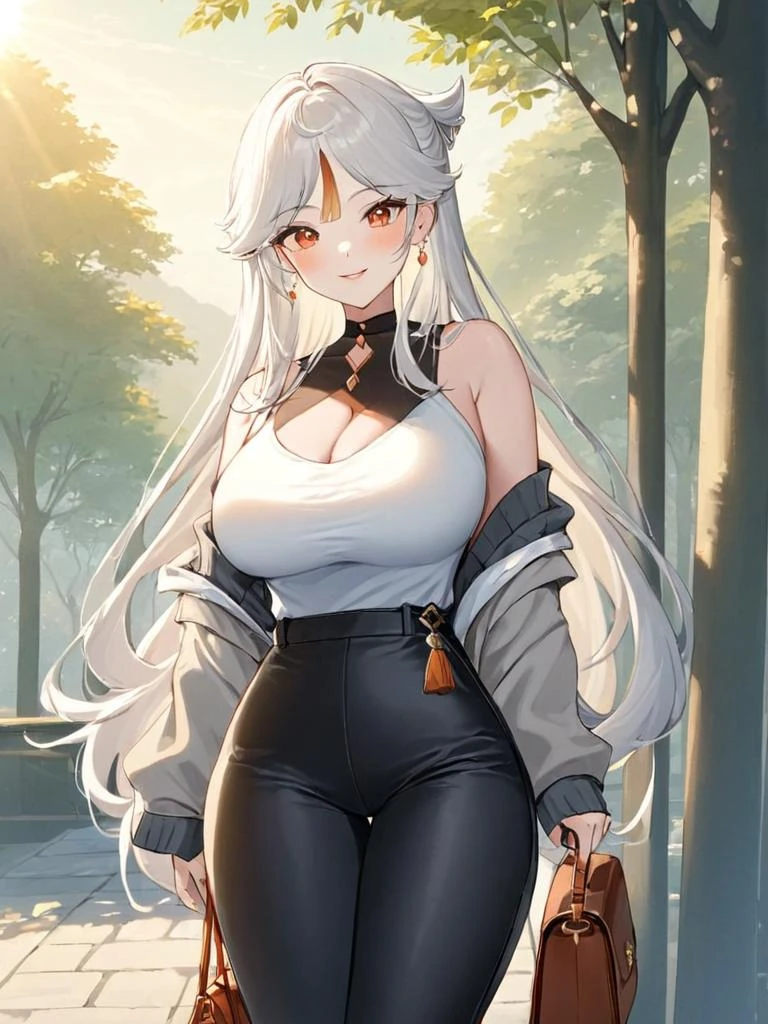 ultra-detailed,(best quality),((masterpiece)),(highres),original,extremely,<lora:ningguang2x_xl:1>,masterpiece, best quality, 1girl, solo, long hair, black pants, ningguang (genshin impact), sweater, pants, looking at viewer, choker, bag, parted bangs, outdoors, smile, contemporary, jewelry, breasts, off shoulder, bangs, collarbone, earrings, alternate costume, long sleeves, sidelocks, white hair, casual, parted lips, red eyes, handbag, blush, cowboy shot, large breasts, bare shoulders, off-shoulder sweater, tree, white sweater, day, black choker, very long hair, orange eyes, white border, shoulder bag, grey sweater, border, standing, grey hair, sunlight, blonde hair