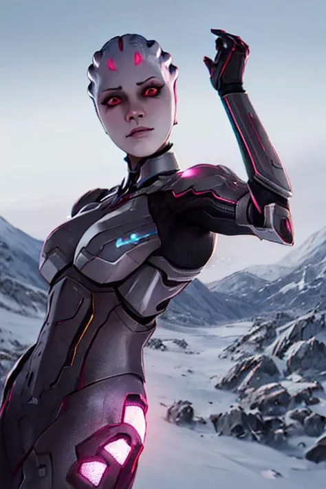 absurdres, 1girl, asari, close up, (angry:1.1), sci-fi complex armor, sci-fi, (looking into the camera:1.2), (anime), mountains, snow, blizzard, snow particles, action pose, facing the camera