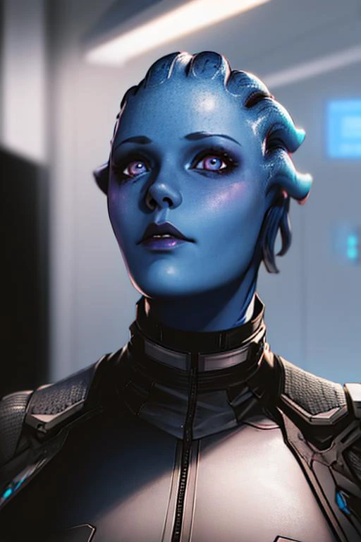absurdres, 1girl, asari, blue_skin, close up, sci-fi complex clothes, cyberpunk, looking into the camera, (anime)