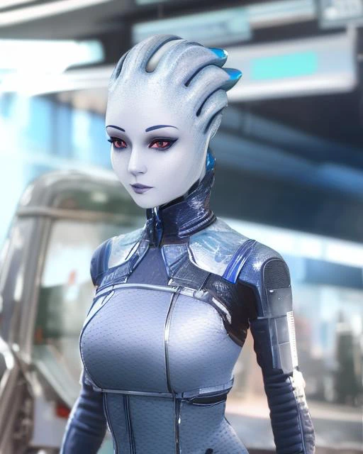 absurdres, 1girl, asari, blue_skin, close up, sci-fi complex clothes, cyberpunk, looking into the camera, (anime)
