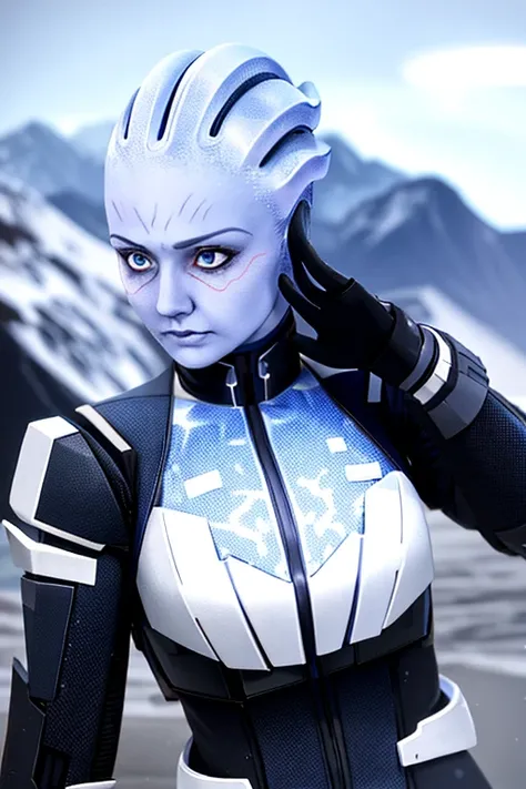 absurdres, 1girl, asari, close up, (angry:1.1), sci-fi complex armor, sci-fi, looking into the camera, (anime), mountains, snow, blizzard, snow particles, action pose