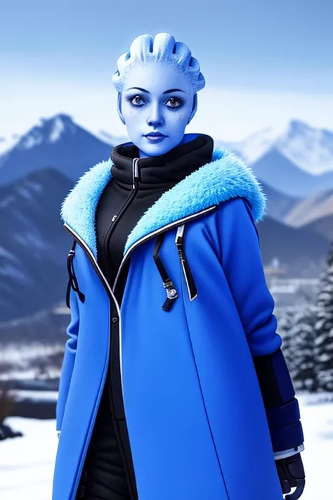 absurdres, 1girl, asari, blue_skin, close up, sci-fi complex clothes, fur cloak, sci-fi, looking into the camera, (anime), mountains, snow, blizzard