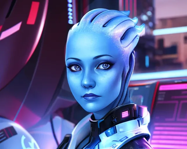 absurdres, 1girl, asari, blue_skin, close up, sci-fi complex clothes, cyberpunk, looking into the camera, (anime)